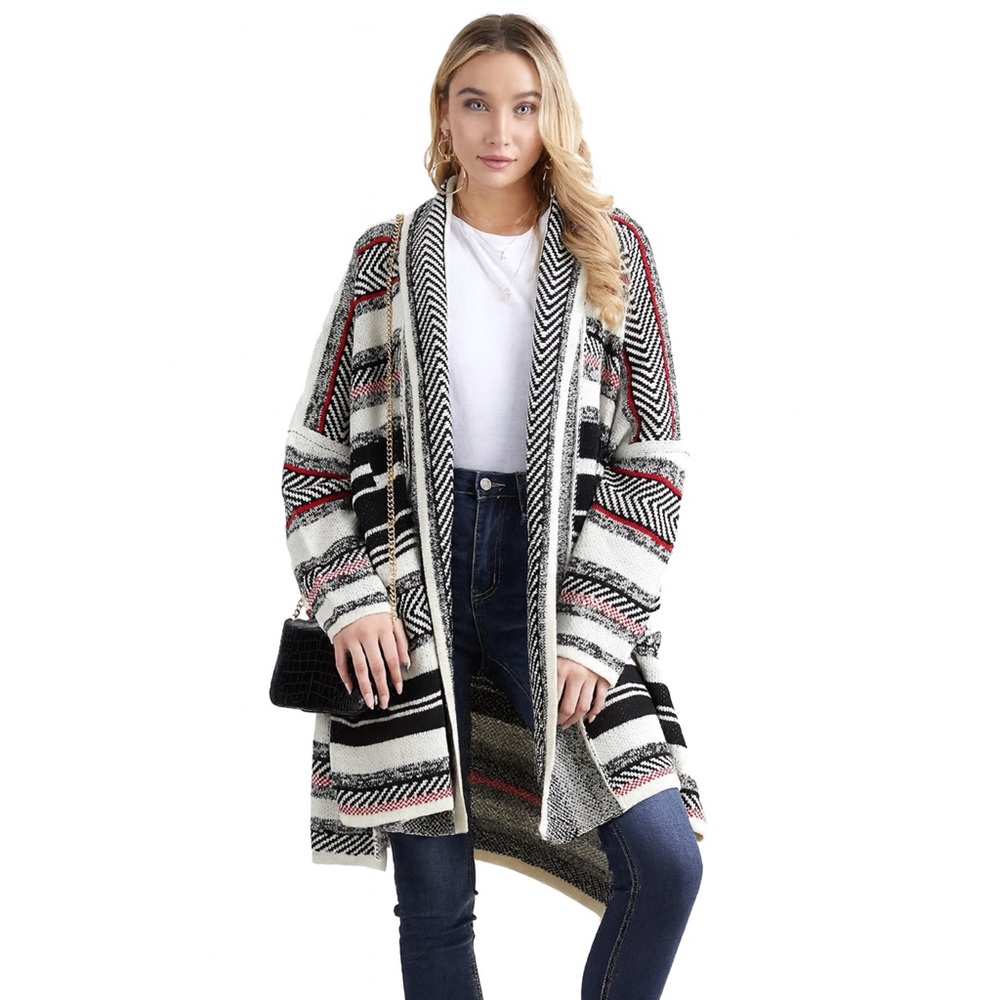 Sweater Chevron Black Red White Shawl Collar Size S/M & M/L NWT